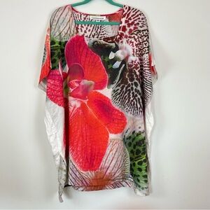 Caroline Rose USA Floral Beach Cruise Colorful Short Sleeve Poncho Blouse Tunic